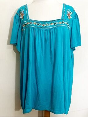 Woman Within Cap Sleeve Turquoise Embroidered Square Neck Tunic Top 4X